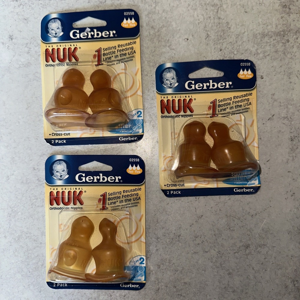 3- 2pk Gerber NUK Orthodontic Latex Bottle Nipples Fast Flow Sz 2